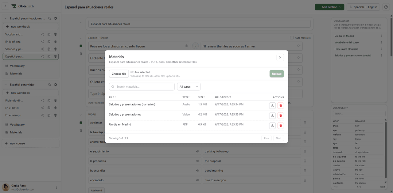 The course materials manager listing uploaded PDF, audio, and video files.